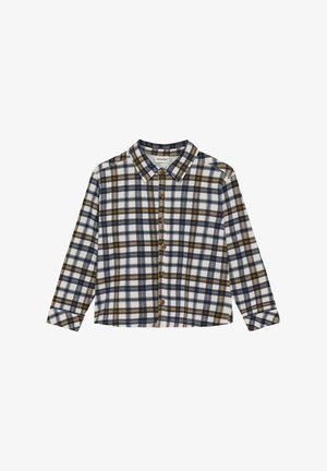 Chemise à carreaux à manches longues, avec boutons sur le devant et col. Présente un motif à carreaux bleu, blanc et jaune sur un tissu texturé.