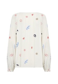 White long-sleeved blouse with colorful embroidery featuring birds, hearts, suns, and circular patterns. Loose fit with gathered neckline.