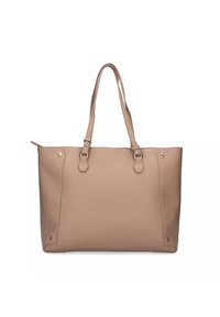 Borsa tote in pelle beige con due manici, caratterizzata da accenti metallici, una forma strutturata e dettagli cuciti sui lati.
