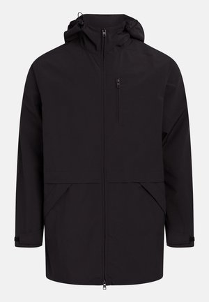 Veste noire en matériau léger et résistant à l'eau, dotée d'une fermeture éclair à l'avant, d'une capuche ajustable et de deux poches frontales avec rabats.