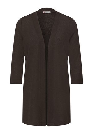 Cardigan marron foncé à ouverture sur le devant, manches trois-quarts, tricot léger, et ourlet droit.