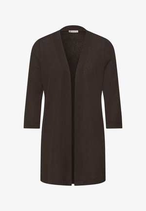 Dunkelbrauner, offener Cardigan mit dreiviertel Ärmeln, leichtem Strick und geradem Saum.