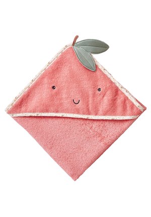 Pink baby hooded towel with embroidered eyes and smile, and two green fabric leaves attached at the top corner.