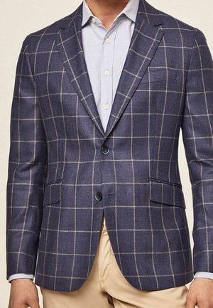 Hombre con un blazer azul marino a cuadros sobre una camisa azul clara abotonada y pantalones beige, de pie con los brazos relajados a los lados.