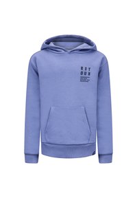 Paarse hoodie van zachte stof, met een voorzak in kangoeroestijl, ribbelmanchetten en een bedrukt ontwerp op de linkerkant van de borst.