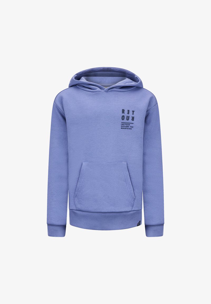 Paarse hoodie van zachte stof, met een voorzak in kangoeroestijl, ribbelmanchetten en een bedrukt ontwerp op de linkerkant van de borst.