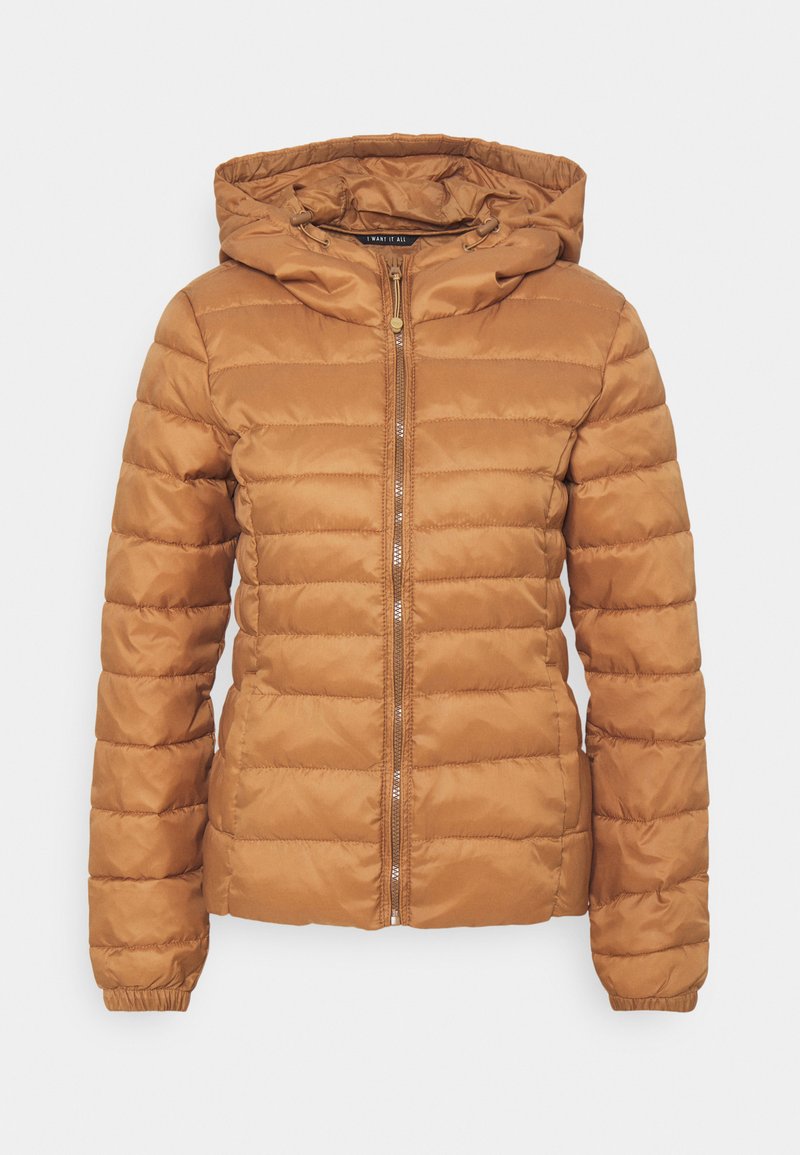 Brown puffer jacket with a detachable hood, zip closure, and elastic cuffs. Features horizontal baffles for insulation and a smooth finish.