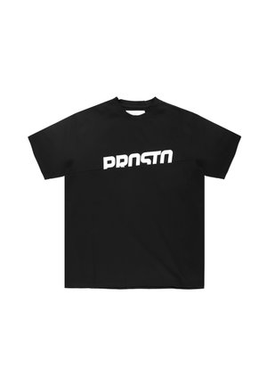 Czarny T-shirt o luźnym kroju, charakteryzujący się krótkimi rękawami oraz białym nadrukiem "PRSTO" na przodzie. Materiał z mieszanki bawełny.