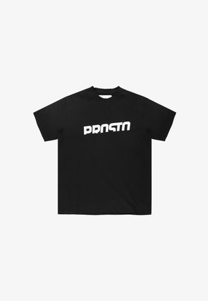 Czarny T-shirt o luźnym kroju, charakteryzujący się krótkimi rękawami oraz białym nadrukiem "PRSTO" na przodzie. Materiał z mieszanki bawełny.