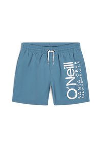 Pantaloncini da nuoto blu con vita elasticizzata e coulisse. Presenta lettering e logo bianchi sul lato destro. Tessuto liscio e leggero.