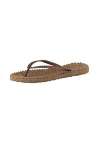 Brown textured flip-flop sandal with glittery brown straps and a sole designed to resemble woven material, shown on a white background.