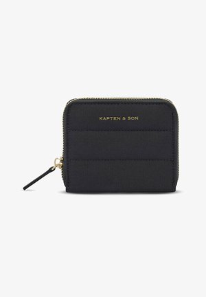 Schwarze rechteckige Zip-Around-Geldbörse mit goldenem Reißverschluss und geprägtem "KAPTEN & SON"-Logo auf der Vorderseite.