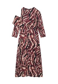 Vestido de manga larga con patrón de tie-dye en burdeos, negro y beige, que presenta un hombro descubierto y una cintura ajustada.