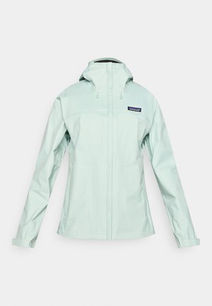 Lys mintgrønn regnjakke med hette, glidelåslukking, lange ermer og en liten logo på venstre bryst. Glatt, vannavstøtende materiale.