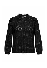 Blusa di pizzo nero con un collo alto arricciato, maniche lunghe a palloncino e un motivo geometrico con dettagli a taglio in tutto il tessuto.