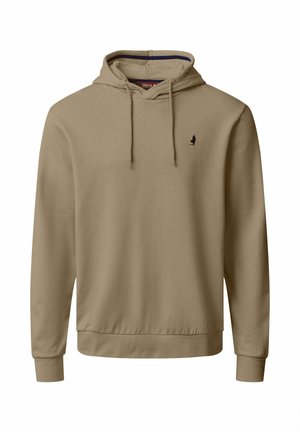 Felpa beige con cappuccio e coulisse, maniche lunghe e polsini a costine. Presenta un piccolo logo scuro sul petto. Tessuto dalla texture morbida.