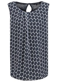 Blusa sin mangas hecha de tejido ligero, con patrones ovalados en azul marino y blanco, con un dobladillo redondeado y detalle de abertura en la parte posterior.