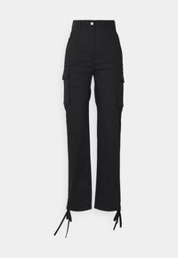 Μαύρο cargo παντελόνι με ψηλή μέση, δύο πλαϊνές τσέπες και κορδόνια στους αστραγάλους. Κατασκευασμένο από ανθεκτικό ύφασμα, με κλασικό ίσιο σχέδιο.