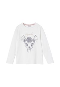 White long-sleeve t-shirt featuring a gray sketch of a deer’s head labeled "Bambi" with a round neckline and soft texture.
