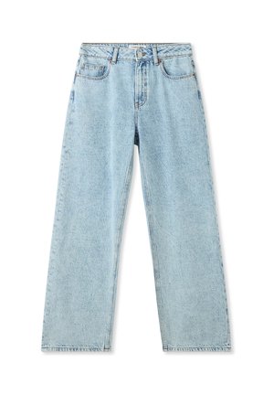 Jeans dritti di colore azzurro chiaro realizzati in denim. Presentano una vita alta, cuciture a punto, tasche frontali e chiusura con bottoni.
