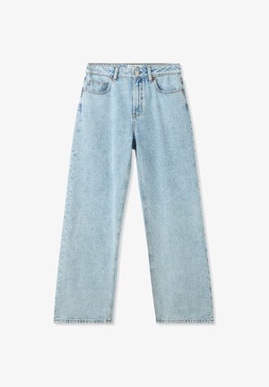 Jeans dritti di colore azzurro chiaro realizzati in denim. Presentano una vita alta, cuciture a punto, tasche frontali e chiusura con bottoni.