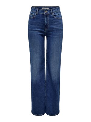 Donkere blauwe spijkerbroek met hoge taille en wijde pijpen, voorzien van een knoopsluiting, vijf zakken en contrasterende stiksel.