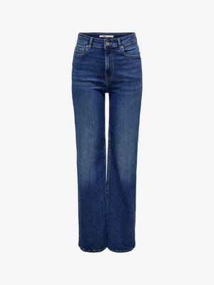 Jeans z visokim pasom in širokimi hlačnicami v temno modrem džinsu, z gumbno zaporo, petimi žepi in detajli z kontrastnim šivom.