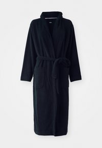 Svart fleece badekåpe med lange ermer, belte i midjen, to påsydde lommer og sjalkrage. Glatt tekstur og klassisk design.