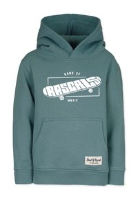 Kapuzenpullover aus tealfarbenem Stoff mit einer Fronttasche, ausgestattet mit einem weißen Grafiklogo und Text. Mit gerippten Bündchen und Saum.