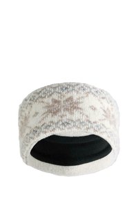 Pletený čelenka vyrobená z bielej a béžovej priadze so vzorom snehuliaka; čierne fleeceové podšívka pre pohodlie a teplo.