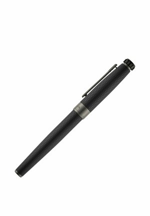 Black textured fountain pen with a silver clip and wide silver ring near the cap against a white background.