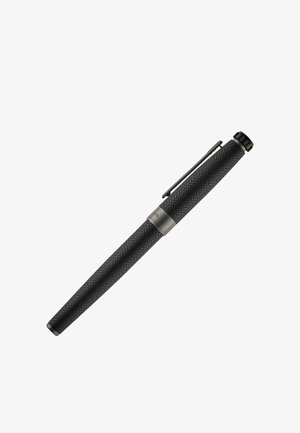Black textured fountain pen with a silver clip and wide silver ring near the cap against a white background.