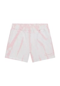 Shorts din bumbac cu un model tie-dye roz pe un fundal alb. Talie elastică cu un detaliu subtil de branding la tiv.