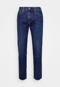 Tmavě modré džíny z denimu s přímým střihem, klasickým zapínáním na knoflíky, pěti kapsami a jemným vyblednutím na stehnech.