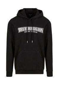 Čierna mikina s klokankou, kapucňou so šnúrkami a bielym logom „TRUE RELIGION BRAND JEANS“ cez hrudník. Bavlnená tkanina.