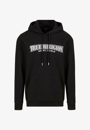 Haut à capuche noir avec une poche kangourou, un cordon de serrage et le logo blanc « TRUE RELIGION BRAND JEANS » sur la poitrine. Tissu en coton.