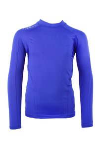 Rash guard à manches longues de couleur bleu vif, fabriqué en matériau extensible et lisse. Présente un col rond et des coutures plates pour un confort optimal.