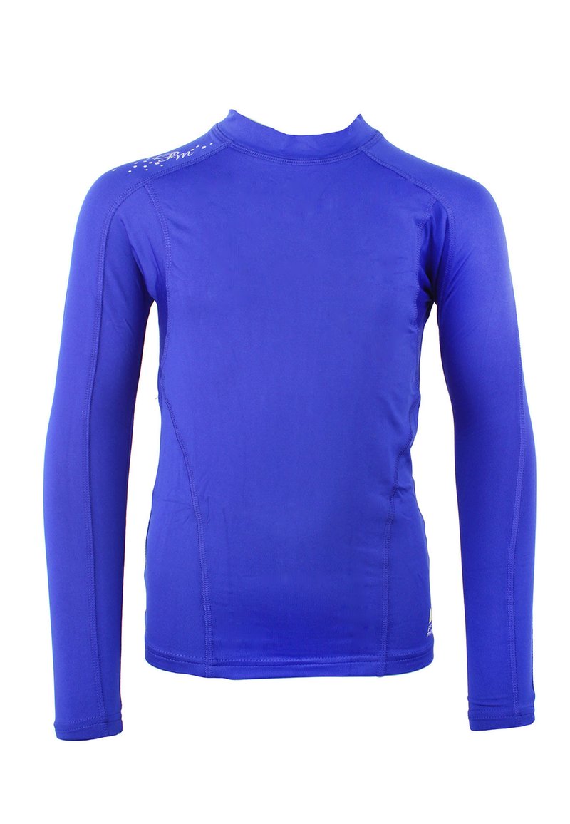 Rash guard à manches longues de couleur bleu vif, fabriqué en matériau extensible et lisse. Présente un col rond et des coutures plates pour un confort optimal.