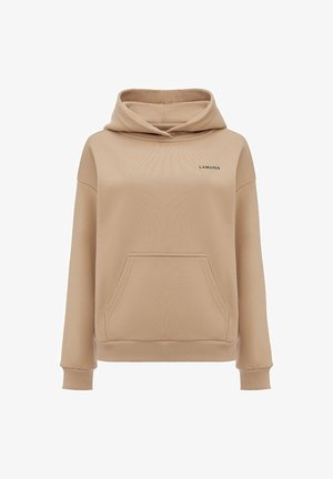 Beež kapuutsiga sviiter, millel on ees kangaroo tasku. Omab pehmet kangast, ribakätised ja must "LAMANIA" logo.