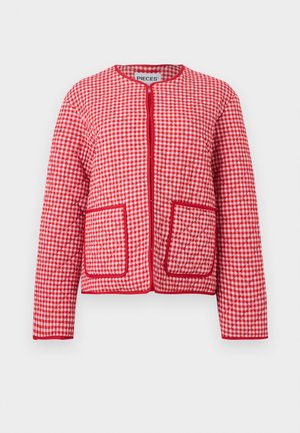 Κόκκινο και λευκό καρώ μπουφάν με μακρυά μανίκια, στρογγυλή λαιμόκοψη, εμπρόσθιες τσέπες και κόκκινο περίγραμμα κατά μήκος των άκρων και των τσεπών.