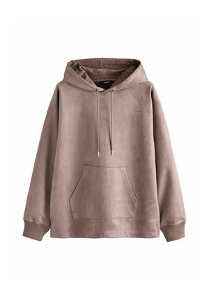 Mauve oversize bluza z kapturem z przednią kieszenią kangurzą, kapturem ze sznurkiem i ściągaczami na długich rękawach.