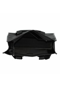 Sac fourre-tout en tissu noir avec un intérieur spacieux, doté d'une fermeture éclair et de plusieurs compartiments pour l'organisation. Bretelles réglables incluses.