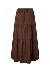 Jupe maxi marron à volants avec tissu froncé et taille élastique, fabriquée en matière légère.