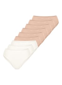 Ti par dameundertøj vist: fem i lyse beige og fem i hvid. Hvert par har en glat tekstur og et klassisk underbuksedesign.