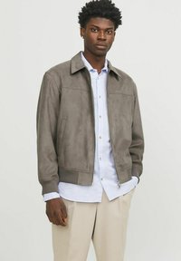 Jachetă din suede gri cu guler, fermoar frontal și manșete ribbate. Purtată peste o cămașă de un albastru deschis cu un model în dungi.