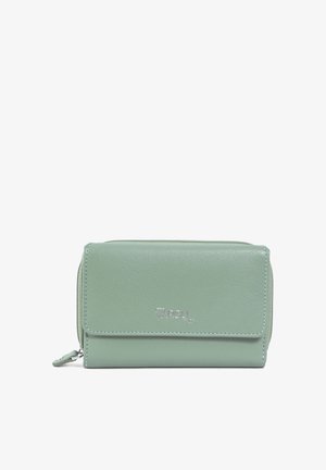 Mint green leather wallet with a smooth texture, front flap, and silver hardware. Features a brand logo embossed on the surface.
