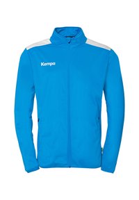 Blå atletisk jakke med høj krave, fuld lynl�ås, hvide skulderdetaljer og sidelommer; lavet af letvægtigt, glat stof.