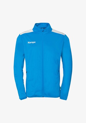 Blue athletic jacket with a high collar, full zipper, white shoulder accents, and side pockets; made of lightweight, smooth fabric.