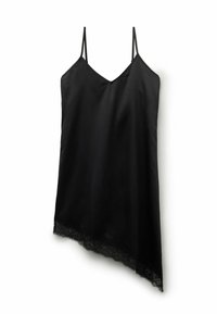 Camiseta de satén negra con tirantes ajustables, con escote en v y delicado bordado de encaje en el dobladillo asimétrico.