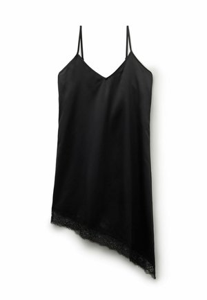 Camiseta de satén negra con tirantes ajustables, con escote en v y delicado bordado de encaje en el dobladillo asimétrico.